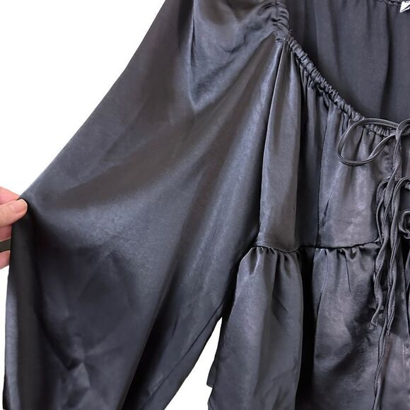 Top Shop Black Satiny Puffed Sleeve Blouse Size 10 - Picture 10 of 14